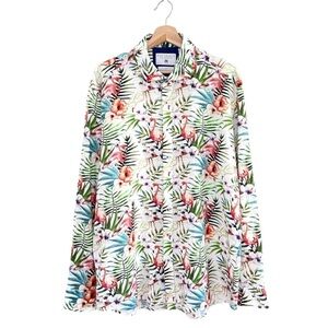 Ron Tomson Tailored Fit Cotton Linen Button Down Shirt Floral Flamingo 2XL 35-36